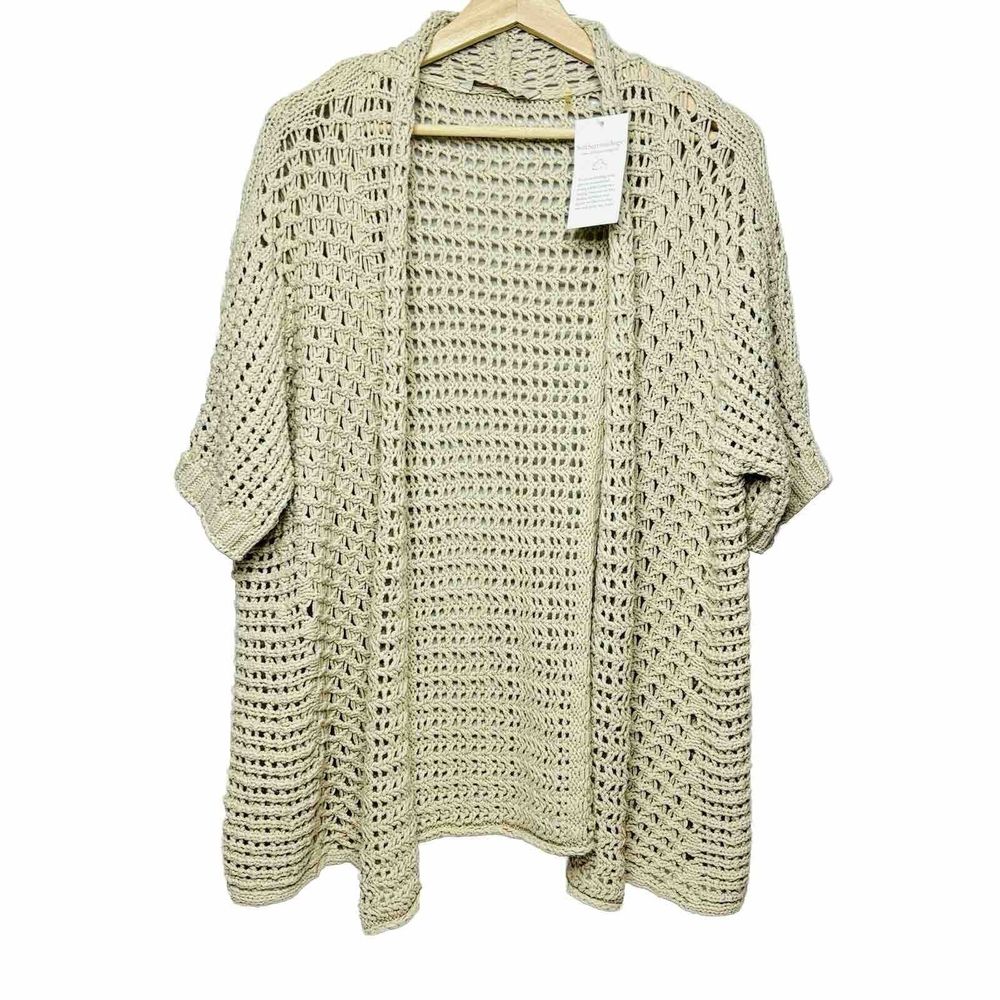 Soft Surroundings Open Weave Knit Cardigan Short Sleeve Beige Chunky PS/PM